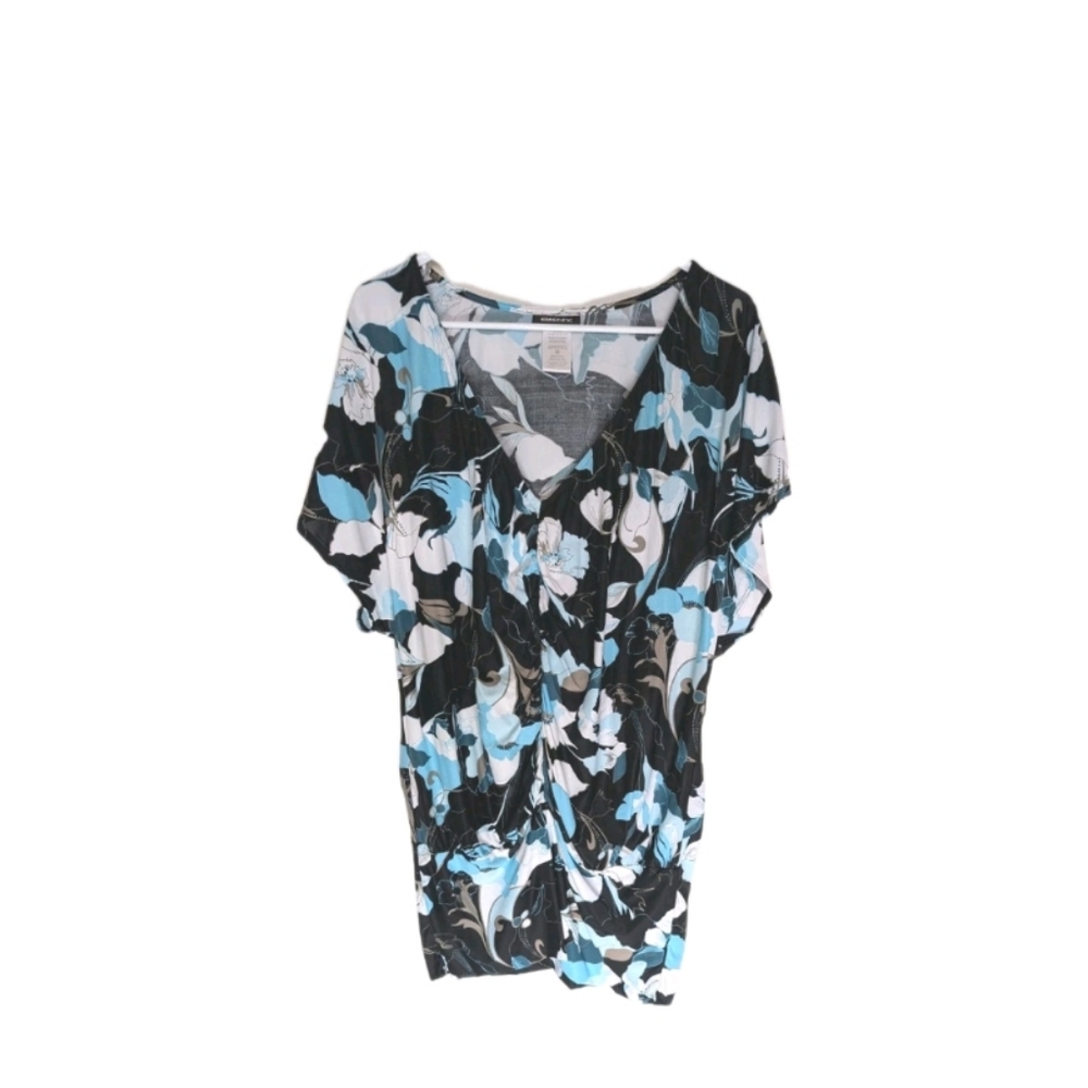 DKNY Teal Floral Ruched Stretch Blouse M | Y2K Chic Resort Top